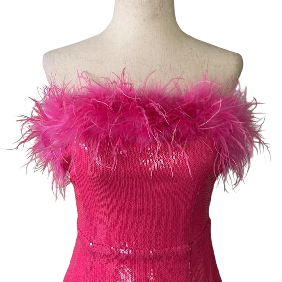 Pink Sequined Feather Trim Mini Dress - Picture 10 of 11